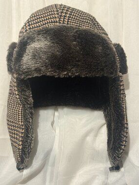 Blue Star Houndstooth Faux Fur Trapper Hat Brown Black Winter Ear Flap Cap